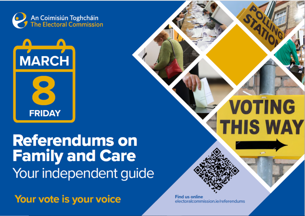 Referendum information booklet cover with decorative images of voting. Text on front cover says: Friday 8 March Referendums of Family and Care Your independent guide Your vote is your voice Find us online electoralcommission.ie/referendums