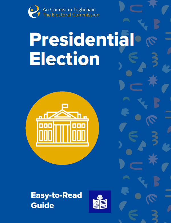 Blue background cover of Presidential Election Easy to Read with graphic of Aras an Uachtaráin