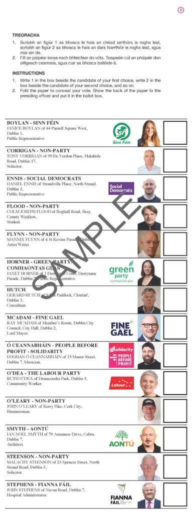 Dublin Central SAMPLE A sample ballot for the Dublin Central bye-election