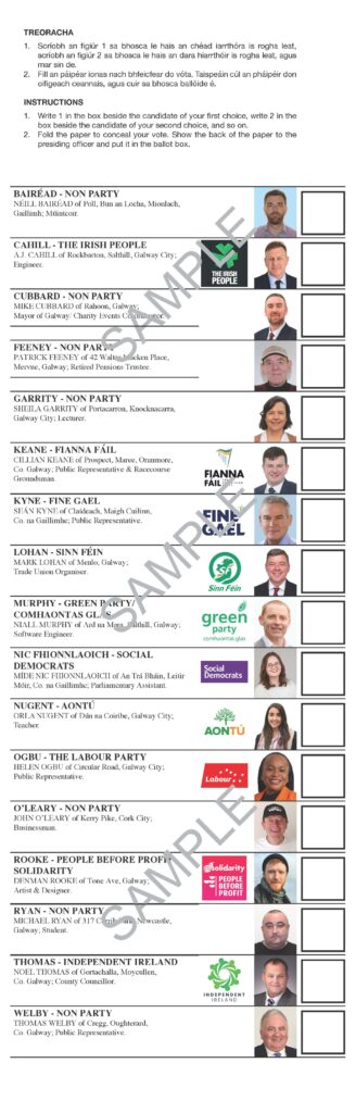 Galway West SAMPLE A sample ballot for the Galway West Bye-Election in May 2026