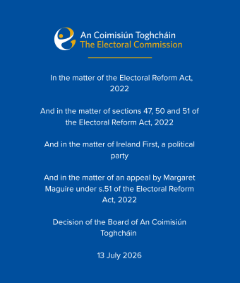 cover of the Decision of the Board of An Coimisiún Toghcháin. White text on a blue background.